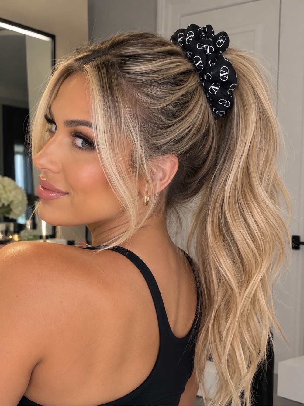 Valentino Black & White Logo Scrunchie